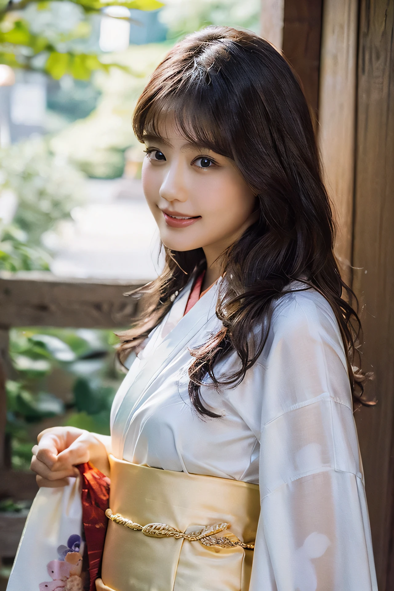 1girl, solo, (20 years old), black hair,
closed mouth, (smiling:0.8),
(kimono:1.2), obi, sash, japanese dress,
looking at viewer, (upper body:1.2), (front view),
photo, photo realistic, best quality, high quality, 8K, RAW, masterpiece, high detail, detailed face,