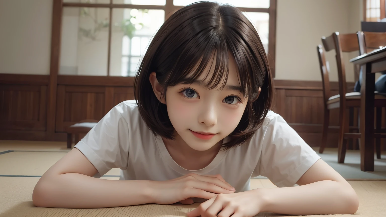 ((sfw: 1.4)), detailed face, cute face,brown eye, , extra short hair, sidelocks-hair, master piece , best quality, matured woman face , squatting , blouse , japanese , room , indoor