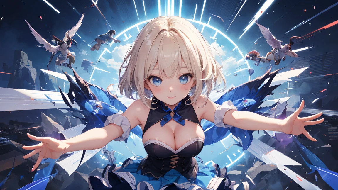 Ultra HD、(masterpiece)、[3Dimage:1.15],Attractive eyes、smileがとっても可愛いです、[[Detailed eyes、Colorful eyes、Shining Eyes:1.15]]、Blue Hair、skirt,Best Anime 4K Konachan Wallpaper, Anime Style 4k,Anime Moe Art Style、Cowboy Shot,8Ｋimage、(highest quality:1.2)、(Facial details:1.2)、masterpiece、Ultra-precision、Best image quality, blush, highest quality, Perfect lighting, One Girl, skirtの, Middle Breath、、Beautiful, well-shaped breasts、The right eye is hidden by hair、smile、((Fully exposed cleavage))、(((Browsing Caution:1.32))),,,(Very short hair),(whole body,(Loli A:1.3),,whole body,(cute), (cute女の子), (Cute girl、), Long Hair,, Magical girl,
city, storm, many layers, Bahamut, final battle, universe, forever, meteor,
Cinema Lighting, Depth of written boundary, vapor, Detailed light, Dynamic Angle,
Detailed Description, Very detailed, Super detailed, Best Shadow,
Jumping, running, Combat Stance, Multiple arrows flying in the same direction,Platinum Blonde、Bright Blue Eyes,((The costume is in tatters))、
Attack combat mode, holding Magical girlの杖, gripping Magical girlの杖, A huge magic circle in the air,
floating, debris, Dust, Shi Feng, ice effect, Flare Array, Magical girlの杖,