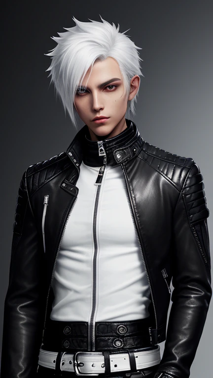 Final Fantasy-style graphics, young, Cute and cool Japanese boys, Thin eyebrows and big eyes,  He is wearing a shiny white single-breasted leather jacket.。Biker style leather jacket、 with epaulettes,  The jacket is zipped up, The jacket pockets are black., The jacket has a high stand-up collar with a belt, Also wearing a black turtleneck, black leather pants, Thin black leather gloves on both hands, Black leather knee-high lace-up boots, Head to Toe, Please show me your whole body, Final Fantasy Style、good looking、Clear eyes and nose、((Shiny white single-breasted leather jacket))、((The jacket has epaulettes))、((The jacket has a stand-up collar and a belt))、((The jacket has a black pocket))、((Black turtleneck shirt))、((光沢のあるblack leather pants))、((Shiny black leather gloves on both hands))、((Black lace-up leather long boots))、((Head to Toe画像を表示する))、Realistic image quality and texture、In a small cell、close your eyes、A kind smile、((The jacket is closed with a zipper))、((No skin shown below the neck))