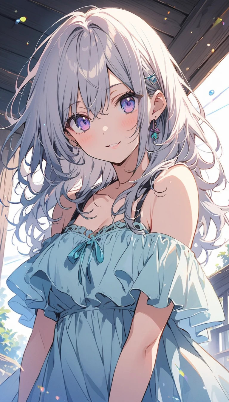 (Best quality, 8k, 32k, Masterpiece, UHD,:1.2),RAW, 1girl,ultra cute , natural lighting,transparent shining eyes, 20yo ,fair complexion, medium hair, french braid, flushed face,medium breast, shimmering, iridescent Lingerie adorned with intricate star and moon patterns made of silver thread and tiny crystals, The bodice has an asymmetrical neckline with a single, flowing chiffon sleeve that glows softly in the dark, micro mini skirt made of layered, translucent fabric in shades of midnight blue and violet, mimicking the night sky, The skirt is embellished with tiny LED lights that twinkle like stars, navel, from bottom, soft smiling, arms Behind back
