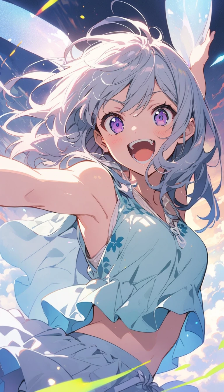 One girl, Gray Hair, Multicolored Hair, Purple eyes, mask on head, Side light, Particles of light, wallpaper, Arm Up, sweating、(highest quality、masterpiece、High resolution、detailed)、animeスタイル、Flat Style、(Shining Eyes、detailed美しい顔), BREAK,anime