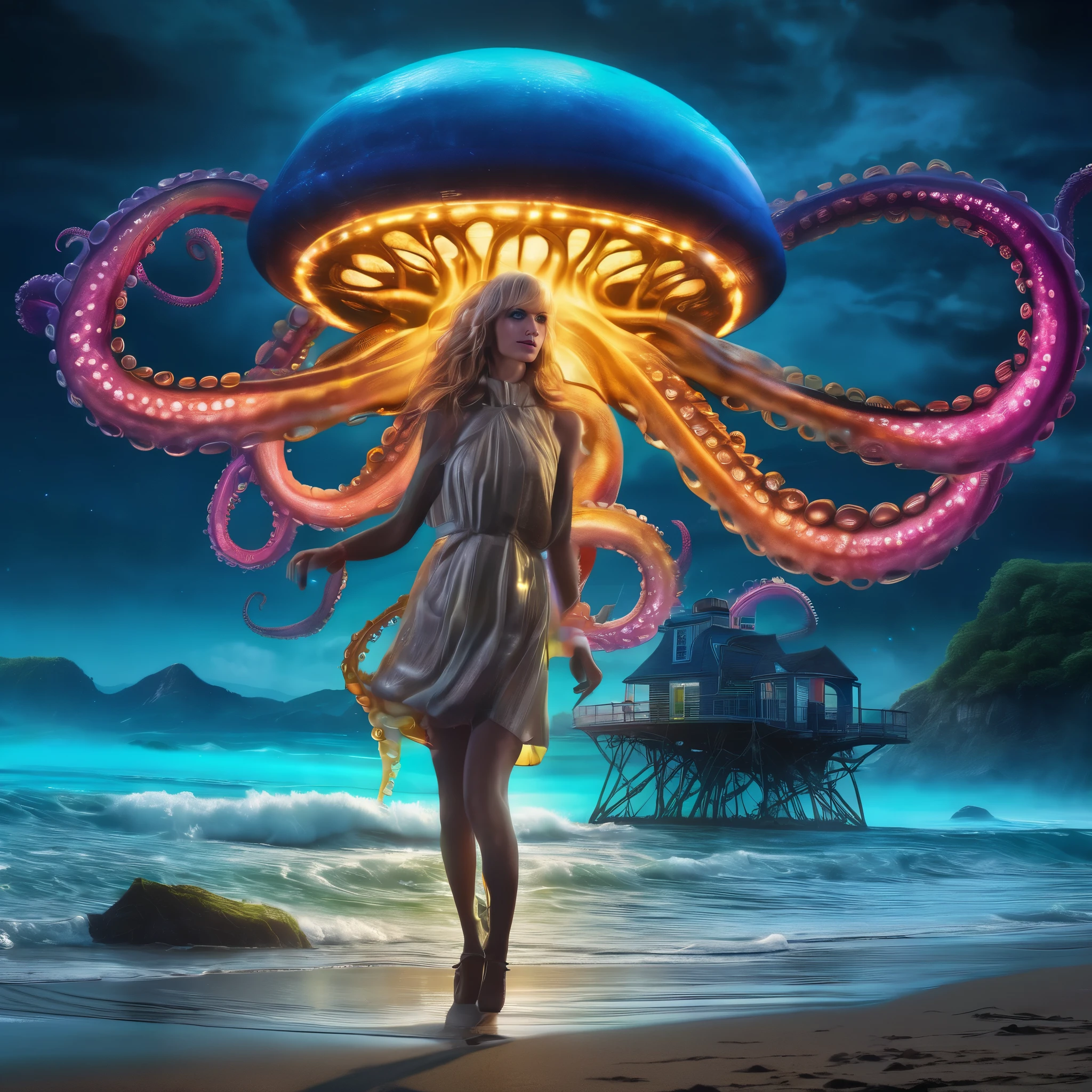 (scifi, horror)"(best quality,4k,highres),
A lovely woman (25, athletic, busty, golden ratio figure, random race, brightly colored hair, dressed appropriate to the scene),awakened rudely [on the beach] (panic and struggle),
A UFO hovers nearby, an neon gelatinous Eldritch tentacle (very large, octopus like, many large tentacles) alien has the woman,
enthusiastically exploring and enveloping her, moving the woman towards the UFO [otherworldly lights] (damsel abduction),
night time beach,
(strong contrast) between darkness and UFO lights"