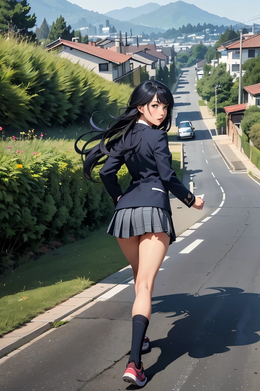 ((highest quality)), ((masterpiece)), (be familiar with), (High school girl running up a slope)、((running:1.4))、((Back view))、Black Hair、Navy blazer、Grey plaid skirt、navy blue socks、School bag、covert photography、(View from directly below)、navy blue socksのクローズアップ、mangaコマ割り、Manga style、manga、A long hill in a residential area、(Speed)