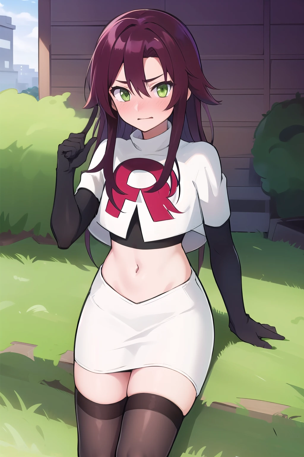 masterpiece, absurdres, Shikanoin Heizou, green eyes,male focus, trap, crossdressing,1boy,team rocket,team rocket uniform,white skirt,red letter R,crop top,black thigh-highs,black elbow gloves, embarrassed, blush