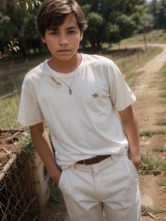 13 years old boy, in a rural, with white chlotes and long brown pants, with a bit dirt on his cheek