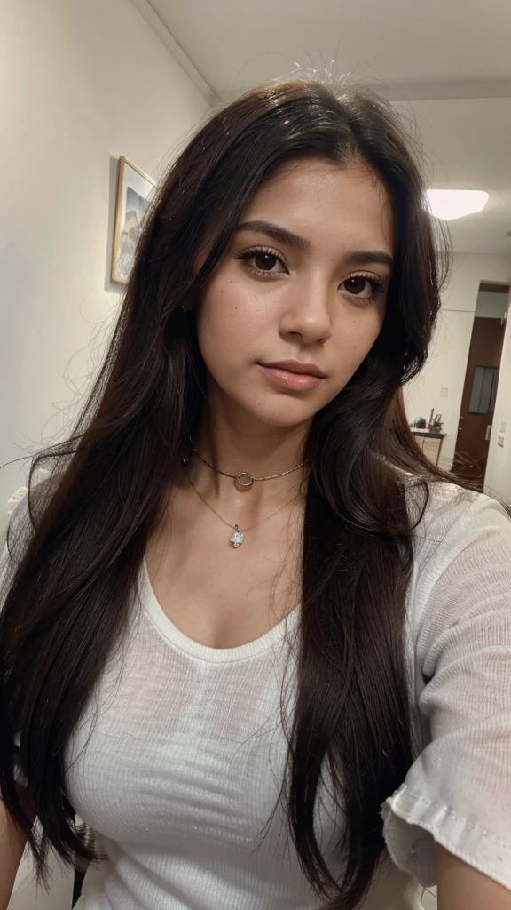 un primer plano de una mujer con cabello largo y un collar, alani guillen, imagen de perfil, headshot foto de perfil, lorena avarez, estefania villegas burgos, selfie de una mujer joven, valentina remenar, fernanda suarez, professional foto de perfil, pale skin persian girl, foto de perfil, pelo negro y ojos grandes, mujer argentina, cuerpo completo, pechos grandes, mirando a camara