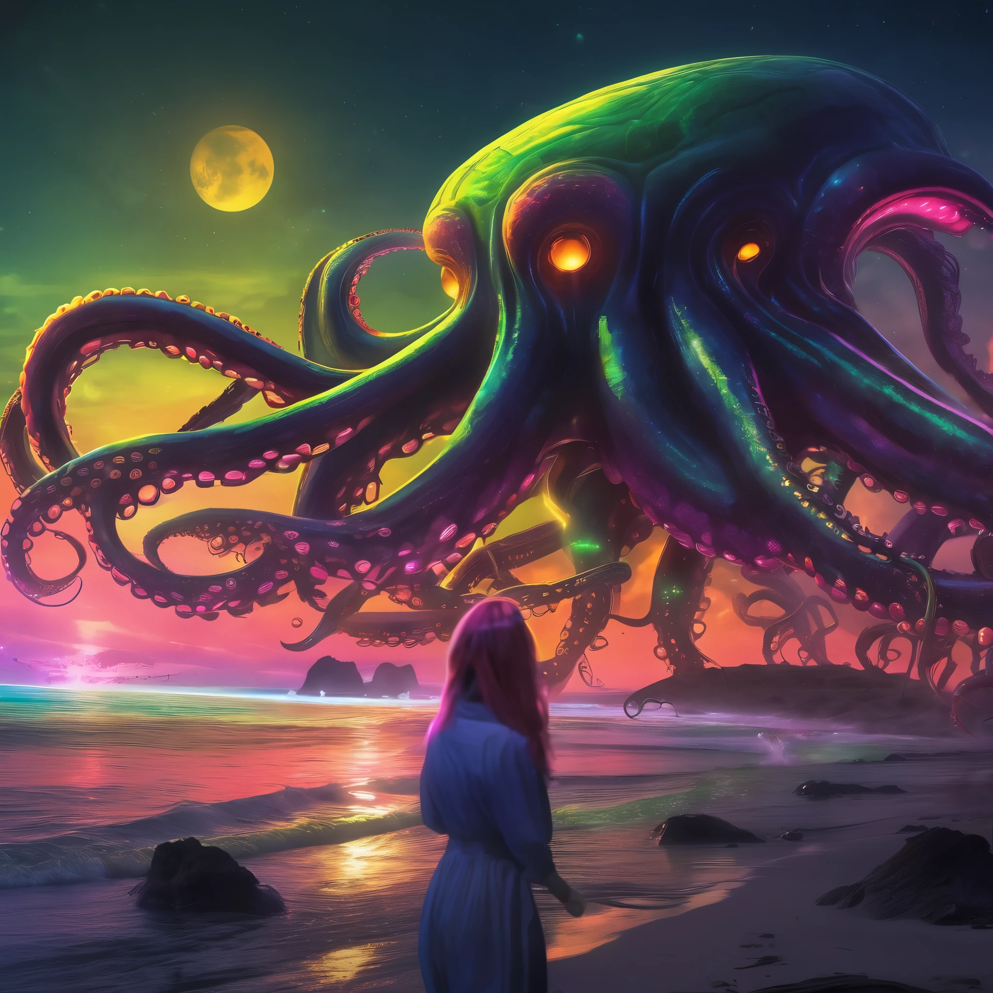 (scifi, horror)"(best quality,4k,highres),
A lovely woman (25, athletic, busty, golden ratio figure, random race, brightly colored hair, dressed appropriate to the scene),awakened rudely [on the beach] (panic and struggle),
A UFO hovers nearby, an neon gelatinous Eldritch tentacle (very large, octopus like, many large tentacles) alien has the woman,
enthusiastically exploring and enveloping her, moving the woman towards the UFO [otherworldly lights] (damsel abduction),
night time beach,
(strong contrast) between darkness and UFO lights"