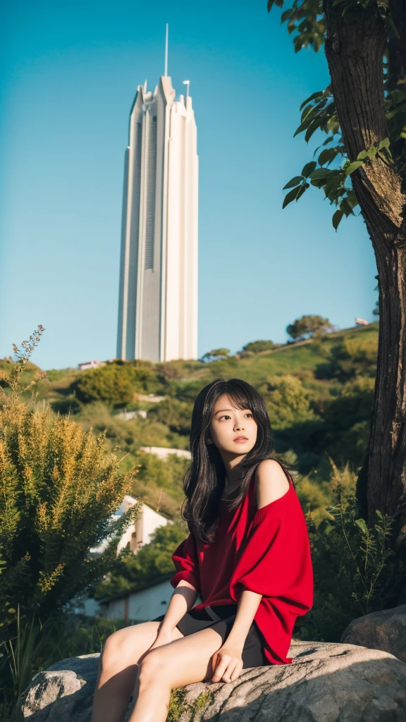 Anime girl sitting on a rock looking at the sky,A tower piercing the sky in the distance, makoto shinkai cyril rolando, anime art wallpaper 4k, anime art wallpaper 4k, Cyril Rolland and Goro Fujita, anime art wallpaper 8k, 4k anime wallpaper, anime wallpaper 4k, anime wallpaper 4k, ( ( makoto shinkai ) ), makoto shinkai!
