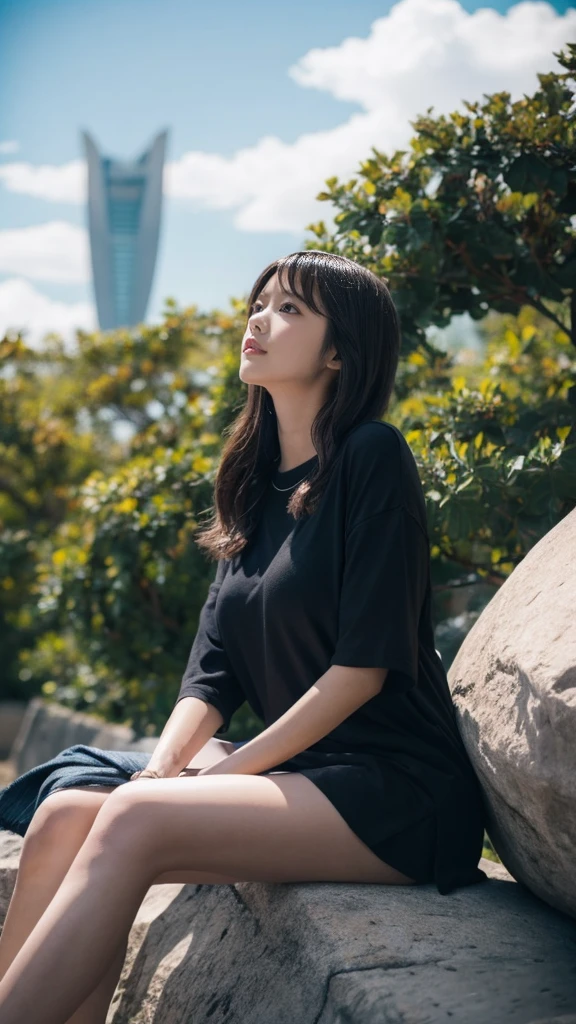 Anime girl sitting on a rock looking at the sky,A tower piercing the sky in the distance, makoto shinkai cyril rolando, anime art wallpaper 4k, anime art wallpaper 4k, Cyril Rolland and Goro Fujita, anime art wallpaper 8k, 4k anime wallpaper, anime wallpaper 4k, anime wallpaper 4k, ( ( makoto shinkai ) ), makoto shinkai!