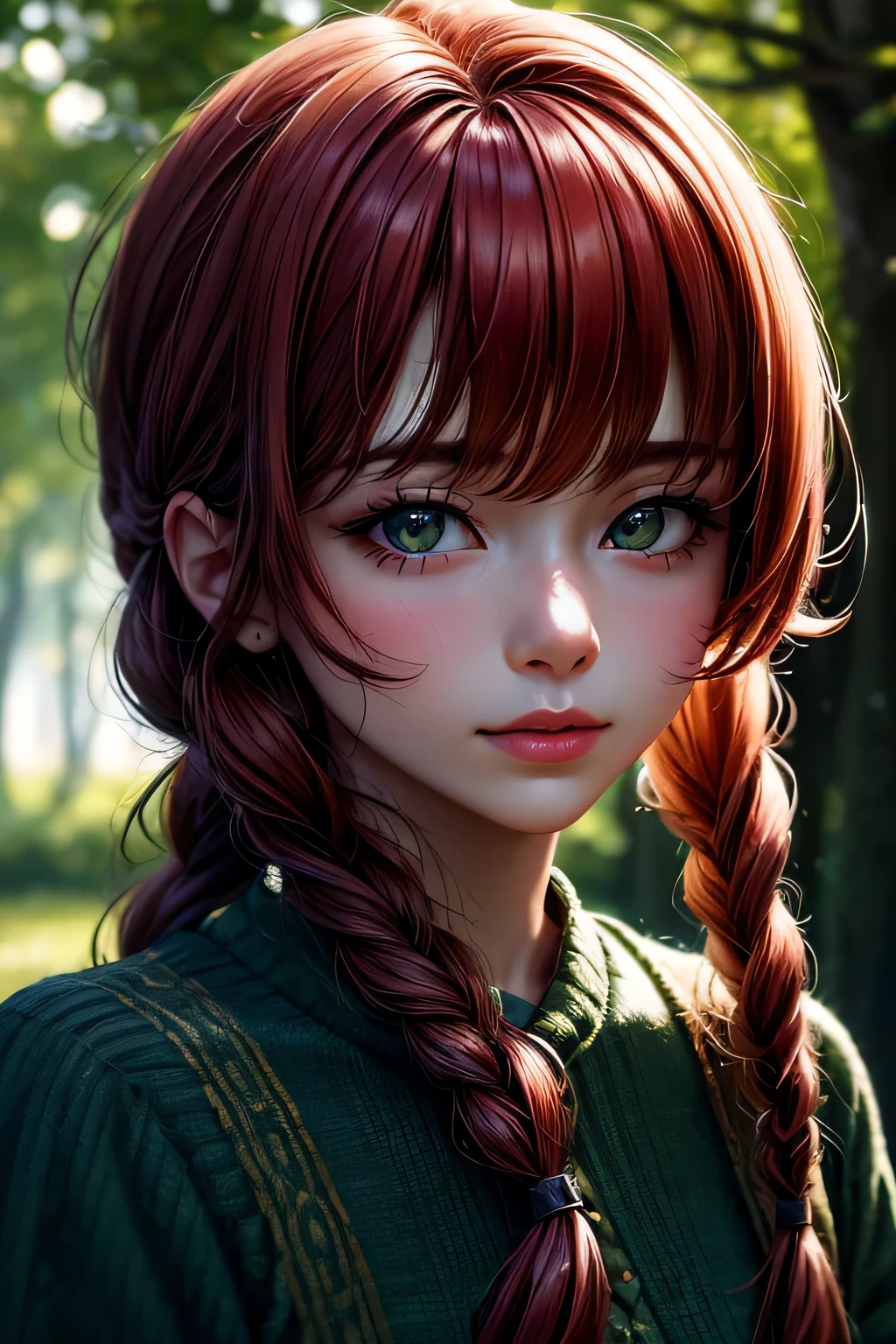 hd, (The finest details) (最high quality), Girls in their 20s,Redhead woman with long red braided hair and a green dress taking a photo, Mature and gorgeous, Natural light and shadow、 (Detailed face), (Beautiful fine details), Dynamic pose), masterpiece, 最high quality, high quality, High resolution, (Face close-up)、In the park on a moonlit night、