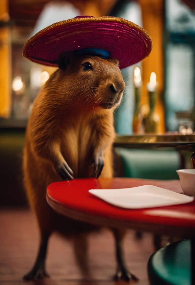Capibara con sombrero de copa en un restaurante 