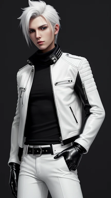 Final Fantasy-style graphics, young, Cute and cool Japanese boys, Thin eyebrows and big eyes,  He is wearing a shiny white single-breasted leather jacket.。Biker style leather jacket、 with epaulettes,  The jacket is zipped up, The jacket pockets are black., The jacket has a high stand-up collar with a belt, Also wearing a black turtleneck, black leather pants, Thin black leather gloves on both hands, Black leather knee-high lace-up boots, Head to Toe, Please show me your whole body, Final Fantasy Style、((good looking))、((Clear eyes and nose))、((Shiny white single-breasted leather jacket))、((The jacket must be white))((The jacket has epaulettes))、((The jacket has a stand-up collar and a belt))、((The jacket has a black pocket))、((Black turtleneck shirt))、((光沢のあるblack leather pants))、((Shiny black leather gloves on both hands))、((Black lace-up leather long boots))、((Head to Toe画像を表示する))、Realistic image quality and texture、In a small cell、close your eyes、A kind smile、((The jacket is closed with a zipper))、((No skin shown below the neck))