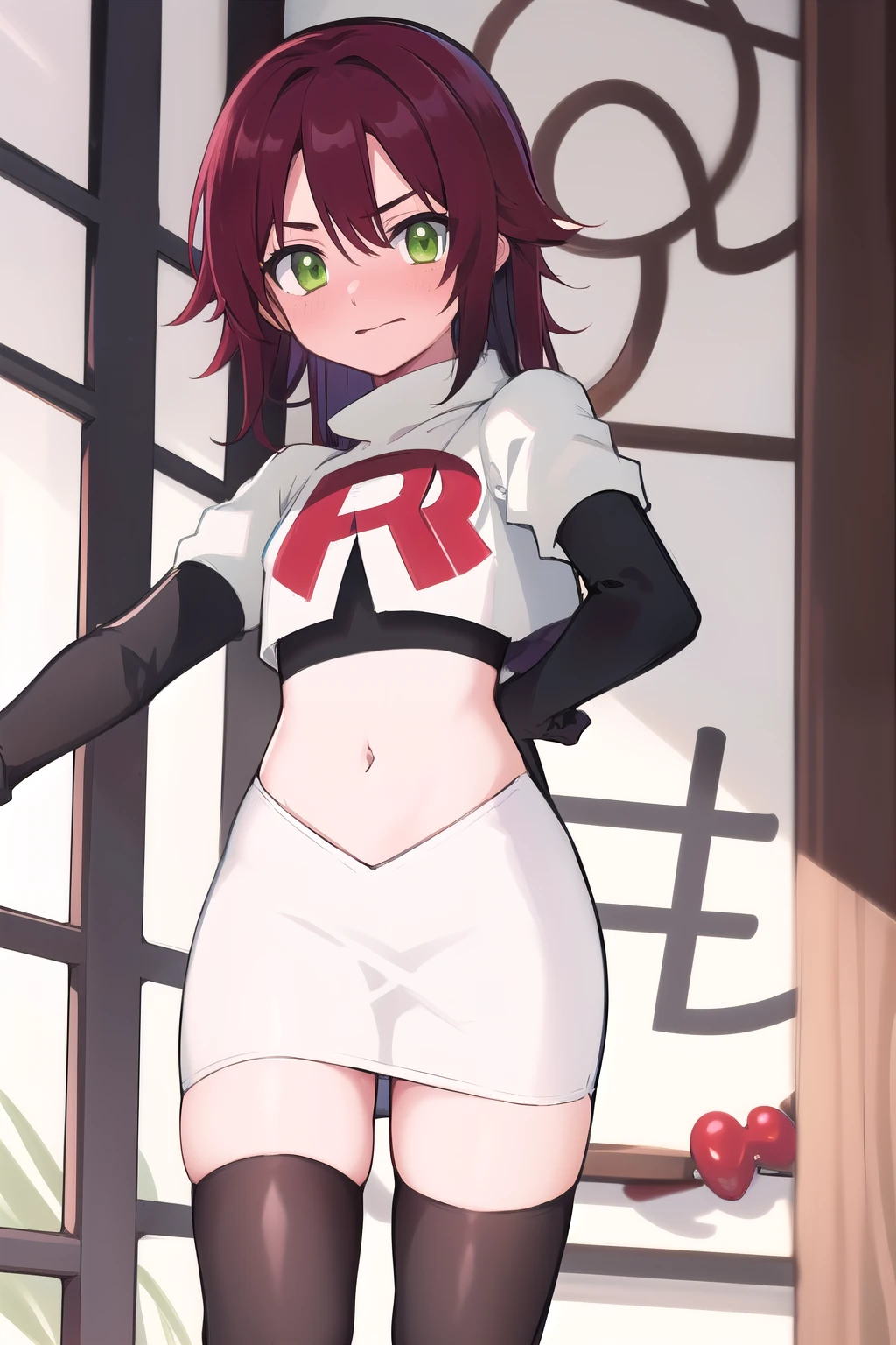 masterpiece, absurdres, Shikanoin Heizou, green eyes,male focus, trap, crossdressing,1boy,team rocket,team rocket uniform,white skirt,red letter R,crop top,black thigh-highs,black elbow gloves, embarrassed, blush