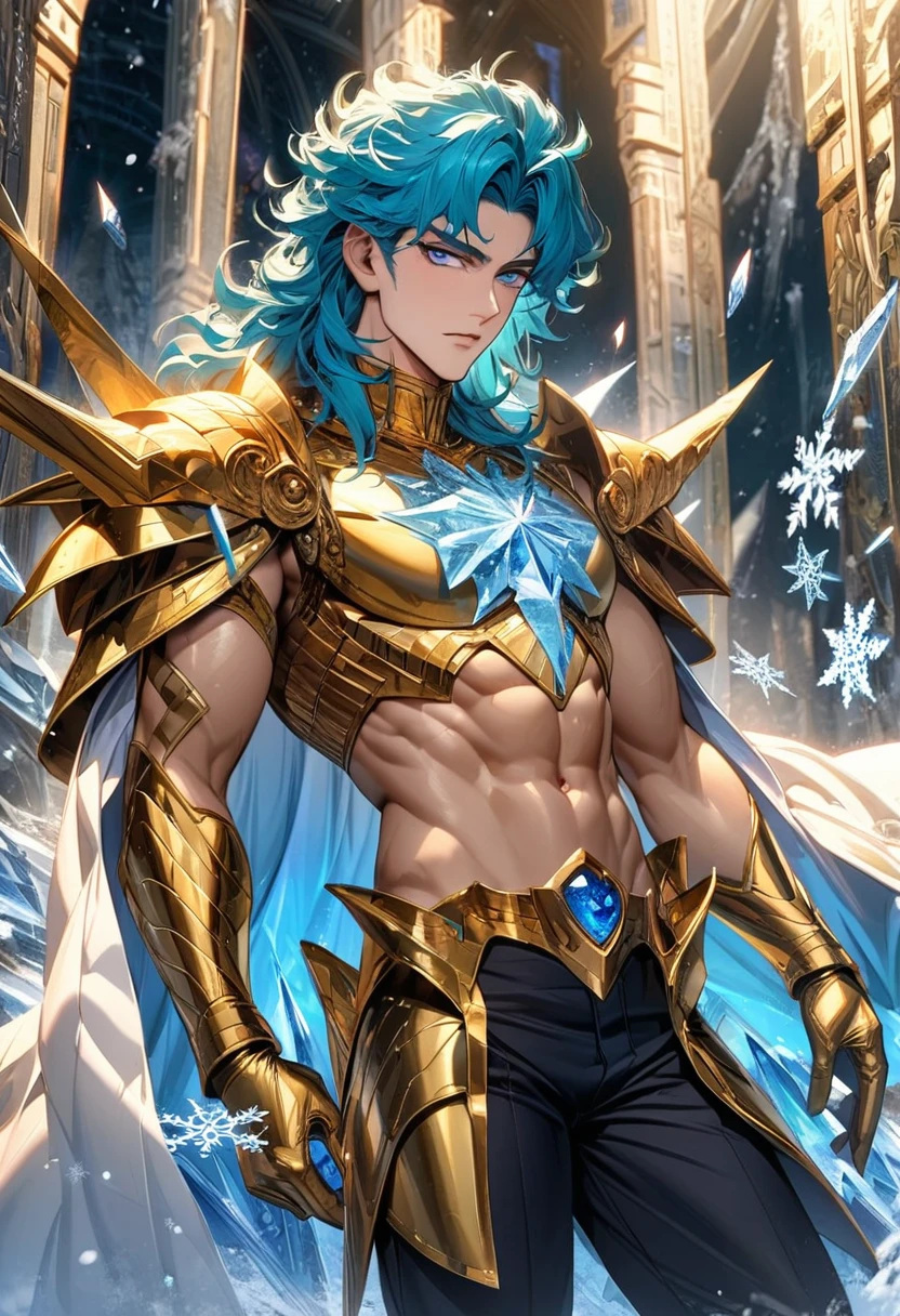 Ultra detailed, highres, absurdres, HDR, Camus, turquoise long hair, navy blue eyes, golden armor, white cape, Saint Seiya, sexy man, solo, handsome, very detailed face and eyes, ice, snowflakes, sanctuary, aquarius, toned chest, golden gloves, black pants,