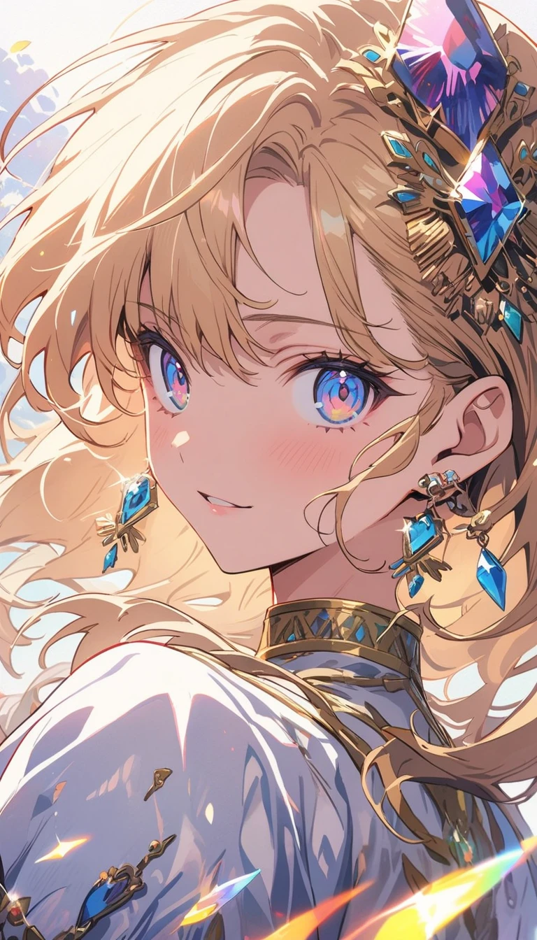 1Girl, Diamond decoration, Diamond in the rough background,(Diamond jewel), Mysterious,Beautiful gemstone background、Jewelry decoration、 BREAK,(Top Quality, Masterpiece, High Resolution, Detail), Anime Style, Flat Style,dynamic angle, (Shining Eyes, Detailed Beautiful Face), BREAK,Beautiful gemstones are scattered in the background、Fantasy、Dynamic Angle、Anime