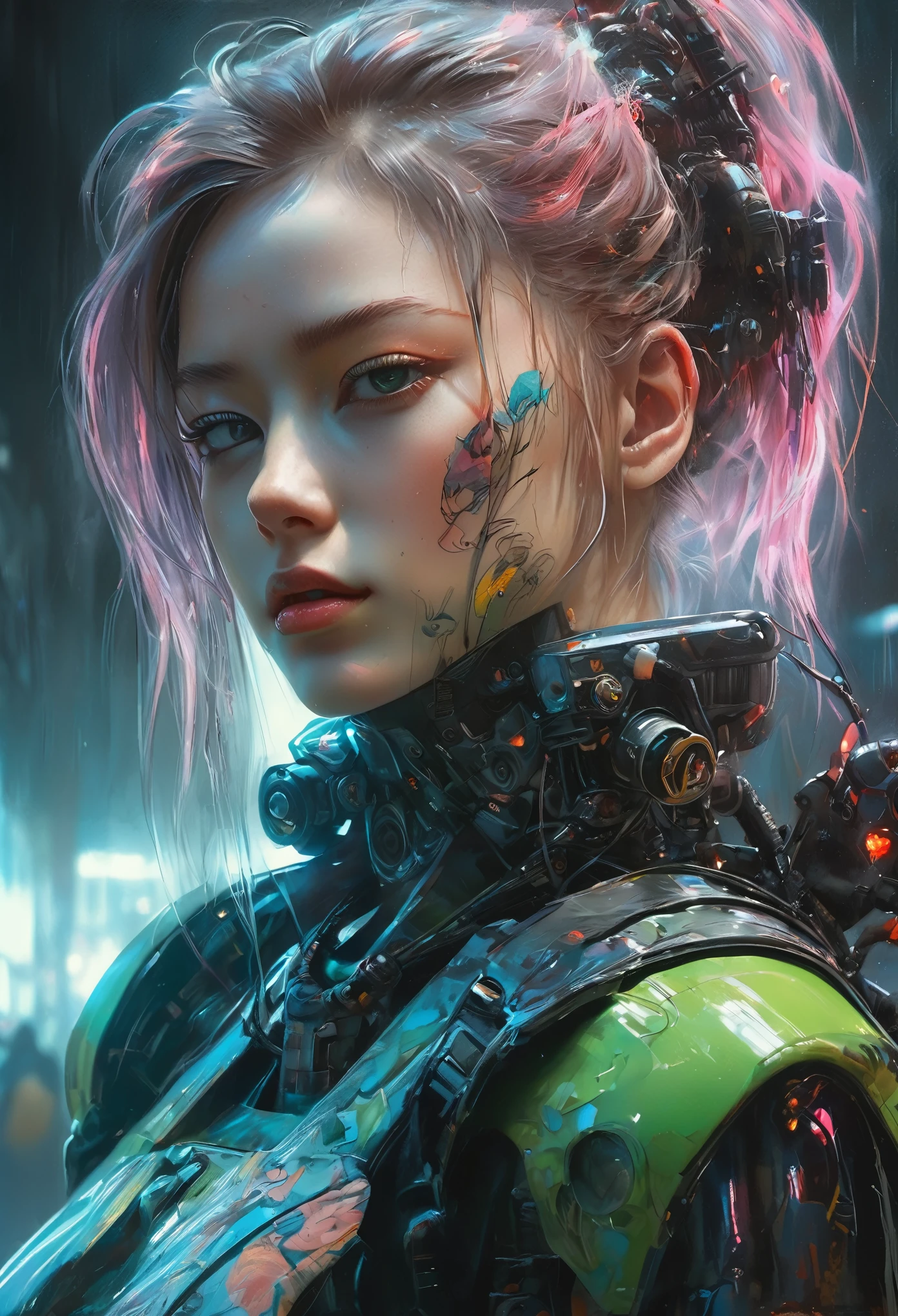 Futuristic cities、TOKYOcty、empty mechanical car、natta、Numerous cyborgs fighting surrounded by creepy cyborg DNAt."."agnes cecile, Written by Andre Masson, Francis Bacon, 4K, intrincate details, Attention to detail, awardwinning, 8K, crisp quality, hyper realisitic, Exquisite craftsmanship, nffsw, masutepiece, Lusciousness, Mesmeric, Dreamy, Eye-catching, Irresistible, Fascinating, Glorious, divine, Pretty, excellent, Gorgeous, Very cute, Adorable, classy, Stunning, water color, painting, artwork, beautiful girl, water streaks, collar-bone, tattoo, bright eyes, left eye green, right eye blue, atmosphere war, full body view, Detailed portrait cyberpunk (sks person), futuristic neon reflective wear, sci-fi, robot parts, ismail inceoglu dragan bibin hans thoma greg rutkowski alexandros pyromallis nekro rene margitte illustrated, perfect face, ((tattoo)), , matte skin, pores, wrinkles, hyperdetailed, hyperrealistic,, Moody Lighting, Hasselblad Award Winner, Soft Diffuse Lighting, Smirk,, machine face, fine details, realistic shaded, intricate, elegant,