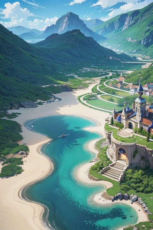 fantasy world, estilo isekai de anime, zona de comercio en la playa, estilo pixel art