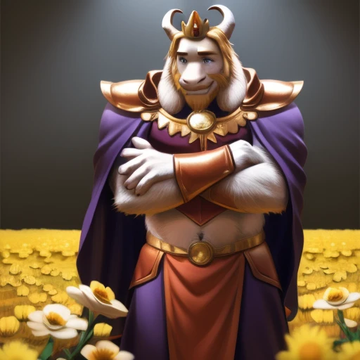 asgore, plump, bara, (pose:1.3), (posing:1.3), (soft shading), 4k, hi res, five fingers, detailed hands, penis bulge, ((detailed face, (detailed eyes:1.0), detailed)), (full body), by zackarry911, by zaush, (by personalami:0.5), standing, full body, male focus, cape, no humans, crown, shoulder armor, flower field, flower, smile, crossed arms