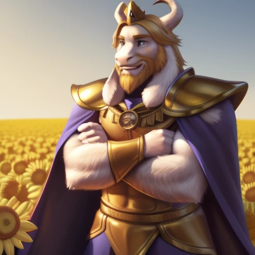 asgore, plump, bara, (pose:1.3), (posing:1.3), (soft shading), 4k, hi res, five fingers, detailed hands, penis bulge, ((detailed face, (detailed eyes:1.0), detailed)), (full body), by zackarry911, by zaush, (by personalami:0.5), standing, full body, male focus, cape, no humans, crown, shoulder armor, flower field, flower, smile, crossed arms