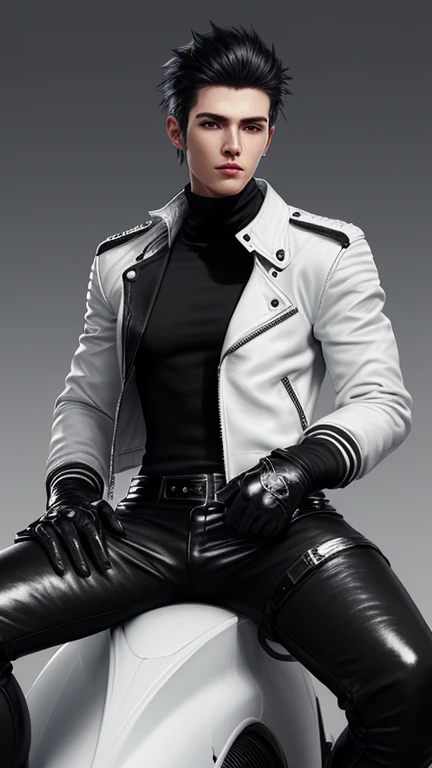 Final Fantasy-style graphics, young, Cute and cool Japanese boys, Thin eyebrows and big eyes,  He is wearing a shiny white single-breasted leather jacket.。Biker style leather jacket、 with epaulettes,  The jacket is zipped up, The jacket pockets are black., The jacket has a high stand-up collar with a belt, Also wearing a black turtleneck, black leather pants, Thin black leather gloves on both hands, Black leather knee-high lace-up boots, Head to Toe, Please show me your whole body, Final Fantasy Style、((good looking))、((Clear eyes and nose))、((Shiny white single-breasted leather jacket))、((The jacket must be white))((The jacket has epaulettes))、((The jacket has a stand-up collar and a belt))、((The jacket has a black pocket))、((Black turtleneck shirt))、((Shiny black leather pants))、((Shiny black leather gloves on both hands))、((Black lace-up leather long boots))、((Head to Toe画像を表示する))、Realistic image quality and texture、In a small cell、close your eyes、A kind smile、((The jacket is closed with a zipper))、((No skin shown below the neck))