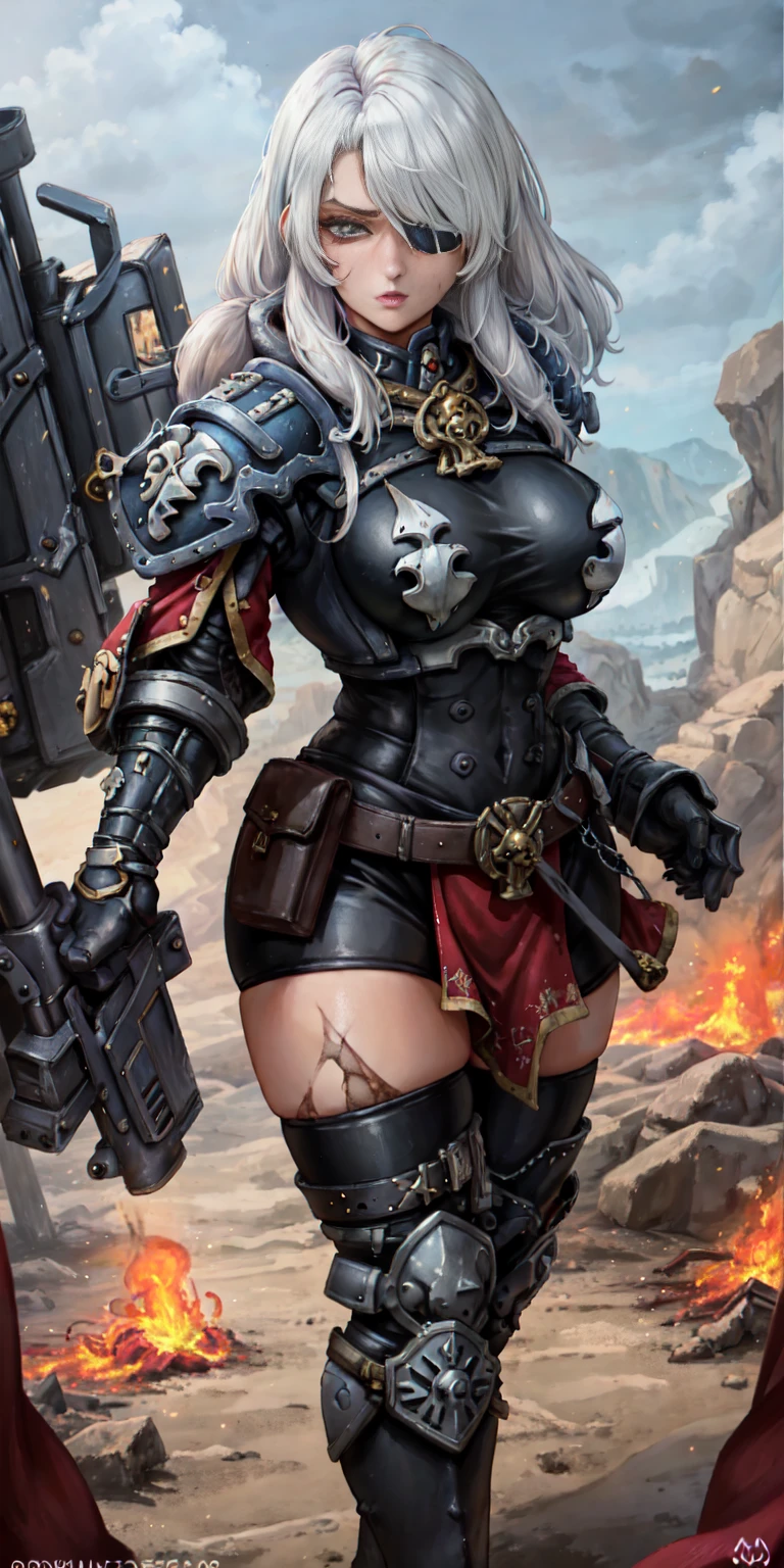 (masterpiece:1.2), (best quality:1.2), perfect eyes, perfect face, perfect lighting, 1girl, mature whore Sororitas with bolter gun in hands, scar over one eye, eyepatch, white hair, skulls on the ground, warhammer 40k, chaos, fire, scifi, detailed battlefield background  