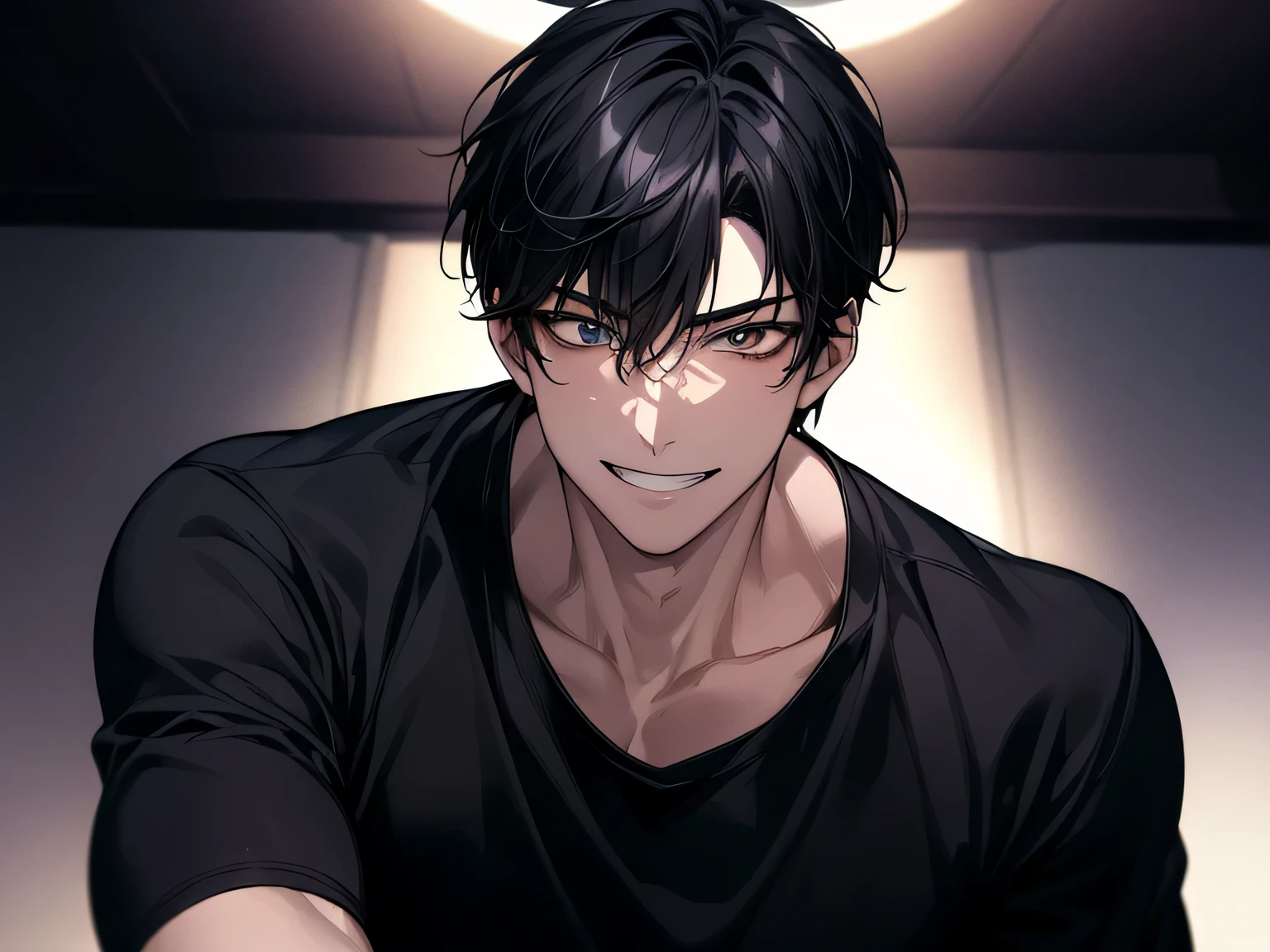 masterpiece,Midnight,Upper Body, Face close-up,30-year-old male,1 boy、grin,Black Hair、Black Shirt,,From below,Angle from below,Excited,A tense look,Background Night,ceiling