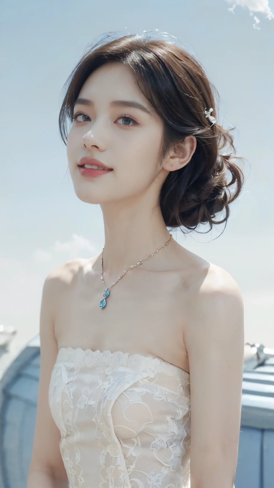 ((((8k))),((Extremely meticulous CG)) ,(wallpaper),16k,((Extremely refined and beautiful)),(((Masterpiece))),(((best qualtiy))),(((Ultra High Resolution))),beautiful light up,realistic shaded,((high resolution)),(Smooth and flawless skin:1.5),(Extremely exquisite facial details:1.2),(perfect body:1.2),(ultra-detailed),((A beautiful girl,solo)),(small head:1.2),(pale skin:1.3),(shoulder length straight bob hair:1),(small face:1.2),(Exquisite makeup:1.2),(necklace:1.2),((slim,thin)),(smile:1.2),(happy:1.2),(small breasts:1.2),(flat chests:1.2),(strapless white lace dress:1.3),(day scene:1.3),(azure sky background:1.5),(close-up of face:1.3),(standing on the rooftop:1.3),(village scape:1.3),(from front:1.3),(spring:1.2)