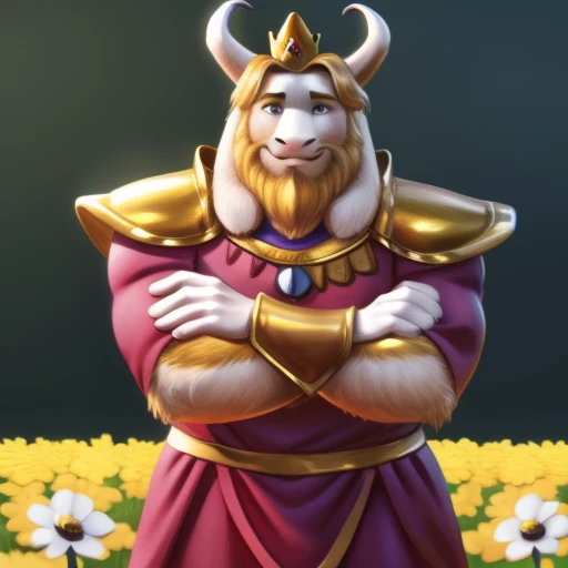 asgore, plump, bara, (pose:1.3), (posing:1.3), (soft shading), 4k, hi res, five fingers, detailed hands, ((detailed face, (detailed eyes:1.0), detailed)), (full body), by zackarry911, by zaush, (by personalami:0.5), standing, full body, male focus, no humans, crown, shoulder armor, flower field, flower, smile, crossed arms