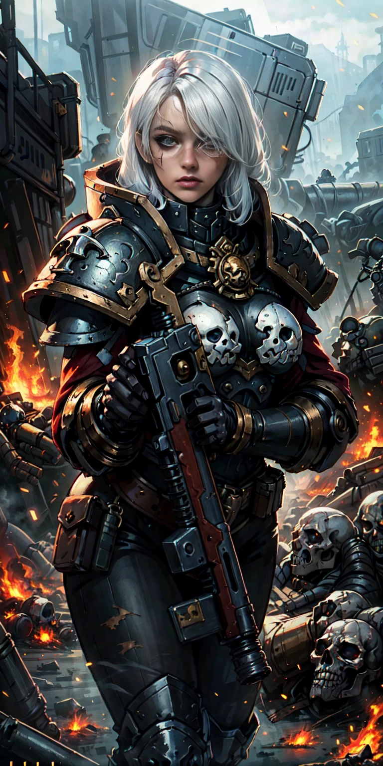 (masterpiece:1.2), (best quality:1.2), perfect eyes, perfect face, perfect lighting, 1girl, mature whore Sororitas with bolter gun in hands, scar over one eye, eyepatch, white hair, skulls on the ground, warhammer 40k, chaos, fire, scifi, detailed battlefield background