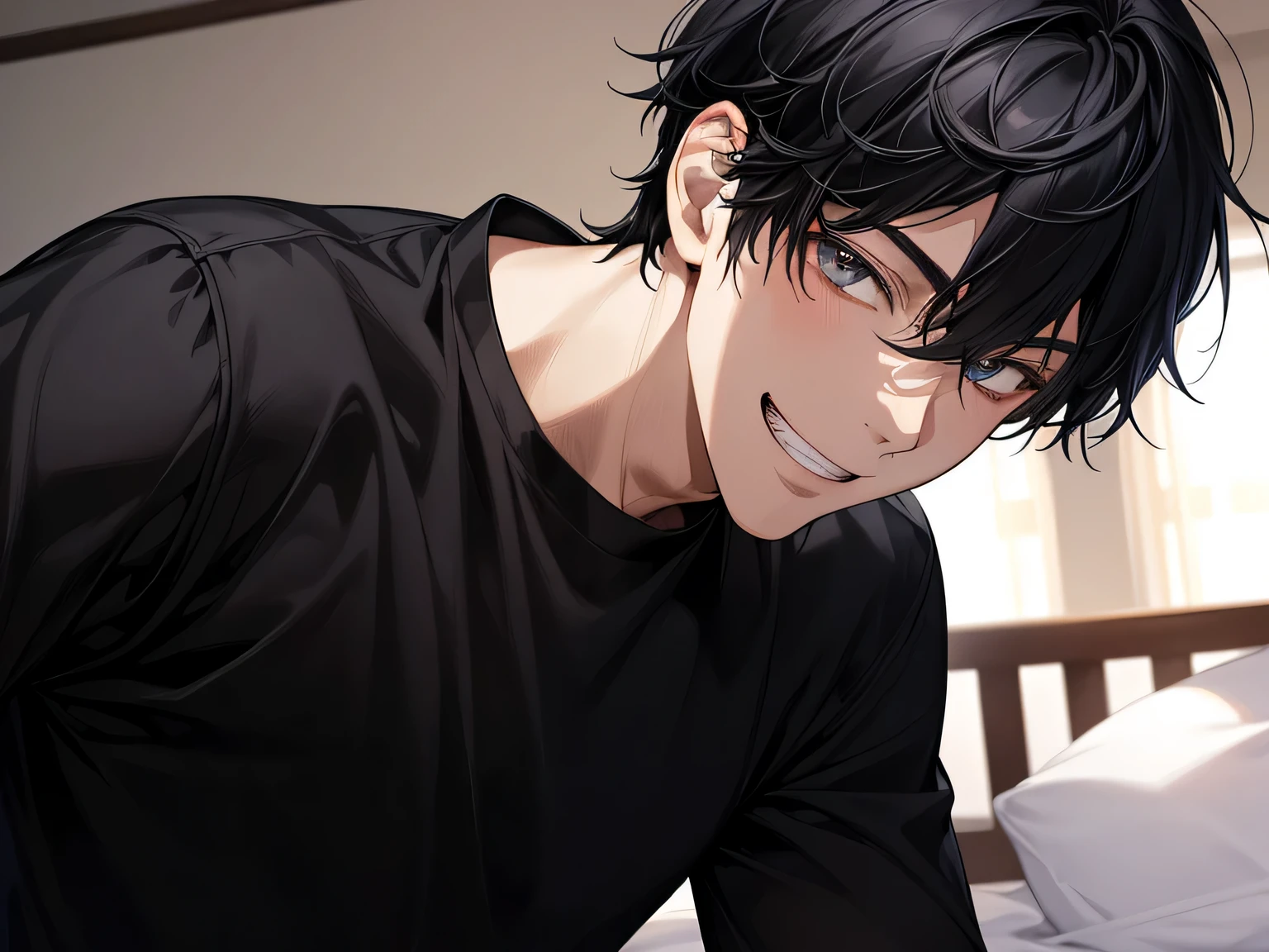 masterpiece,Midnight,Upper Body, Face close-up,30-year-old male,1 boy、grin,Black Hair、Black Shirt,,From below,Angle from below,Excited,A tense look,Background Night,bed