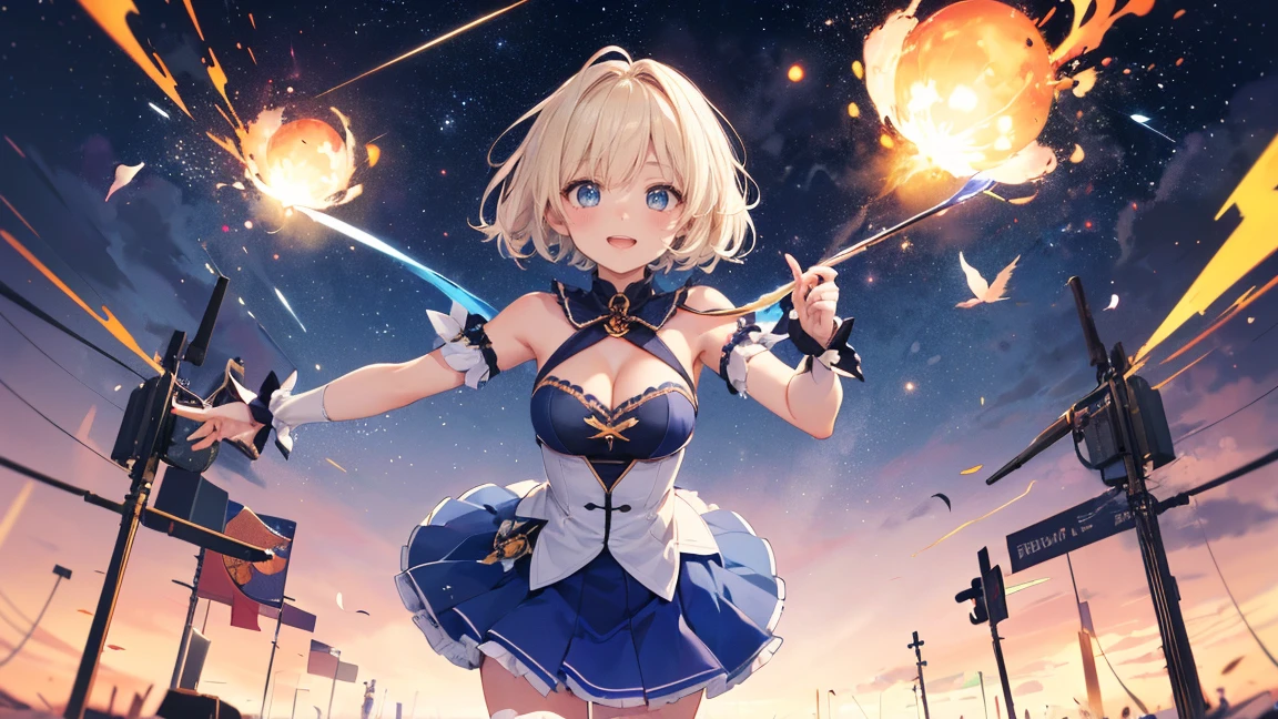 Ultra HD、(masterpiece)、[3Dimage:1.15],Attractive eyes、smileがとっても可愛いです、[[Detailed eyes、Colorful eyes、Shining Eyes:1.15]]、Blue Hair、skirt,Best Anime 4K Konachan Wallpaper, Anime Style 4k,Anime Moe Art Style、Cowboy Shot,8Ｋimage、(highest quality:1.2)、(Facial details:1.2)、masterpiece、Ultra-precision、Best image quality, blush, highest quality, Perfect lighting, One Girl, skirtの, Middle Breath、、well-shaped small breasts、The right eye is hidden by hair、smile、((Fully exposed cleavage))、(((Browsing Caution:1.32))),,,(Very short hair),(whole body,(Loli A:1.3),,whole body,(cute), (cute女の子), (Cute girl、), Long Hair,, Magical girl,
city, storm, many layers, Bahamut, final battle, universe, forever, meteor,
Cinema Lighting, Depth of written boundary, vapor, Detailed light, Dynamic Angle,
Detailed Description, Very detailed, Super detailed, Best Shadow,
Jumping, running, Combat Stance, Multiple arrows flying in the same direction,Platinum Blonde、Bright Blue Eyes,((The costume is in tatters))、
Attack combat mode, holding Magical girlの杖, gripping Magical girlの杖, A huge magic circle in the air,
floating, debris, Dust, Shi Feng, ice effect, Flare Array, Magical girlの杖,