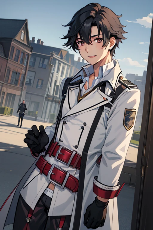 masterpiece, highest quality, Leanne Schwarzer, sen no kiseki,1boy,Senrean, Black Hair,White coat, Black Shirt, Black gloves, Thigh straps, Red Belt, Black trousers, Cowboy Shot, From the side, View your viewers, smile, In front of the school building, null