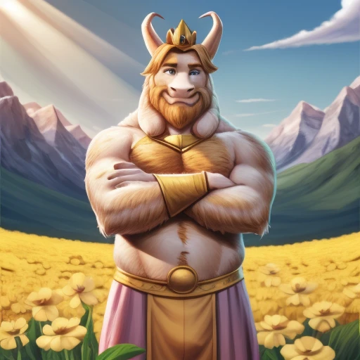 asgore, plump, bara, (pose:1.3), (posing:1.3), (soft shading), 4k, hi res, five fingers, detailed hands, ((detailed face, (detailed eyes:1.0), detailed)), (full body), by zackarry911, by zaush, (by personalami:0.5), standing, full body, male focus, no humans, crown, flower field, flower, smile, crossed arms, bulge