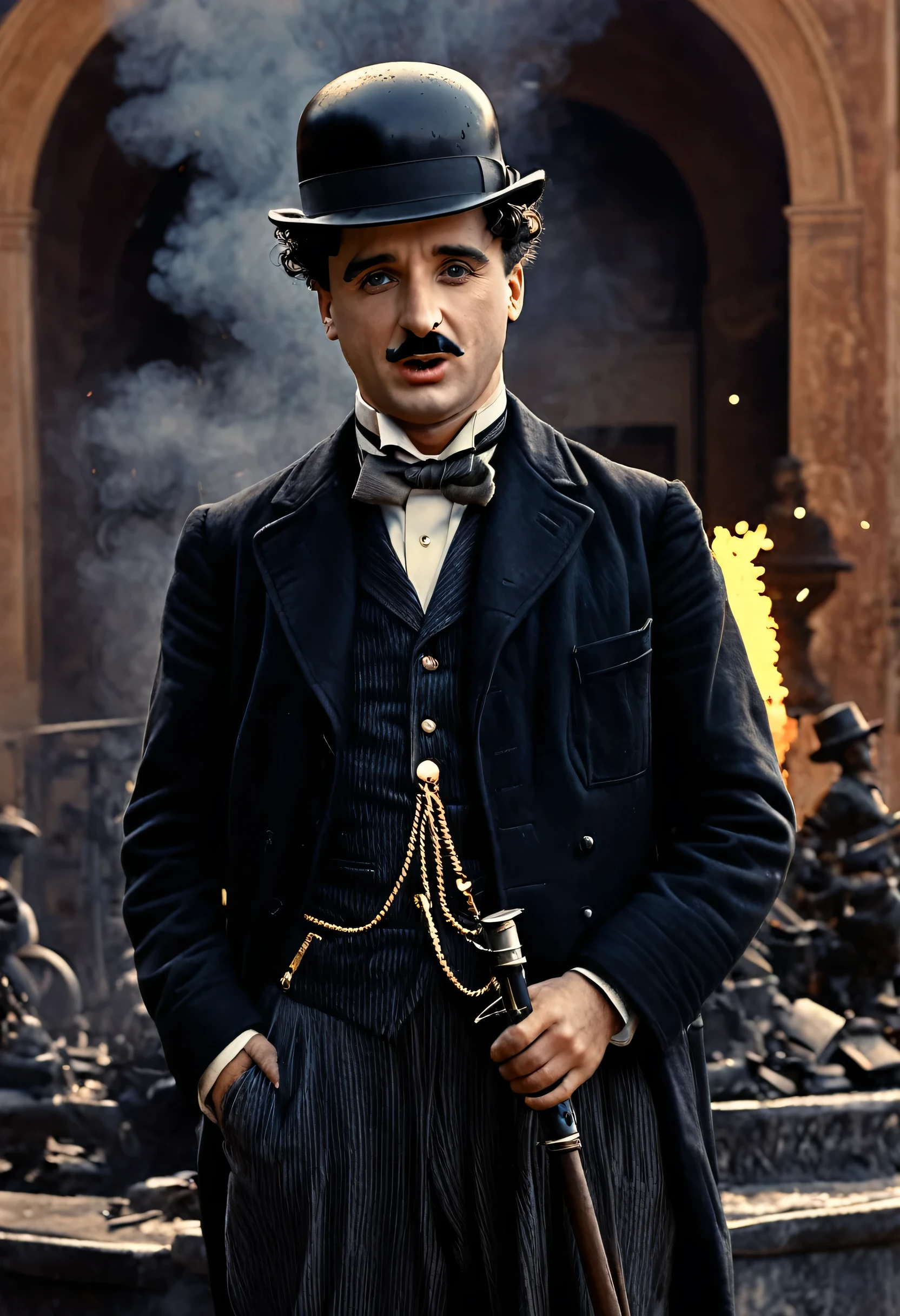 statue of the stoic Charlie Chaplin  focus front face captured in the heart of Roma, with the grandeur of an epic Steven Spielberg movie still, cinematic, showcasing sharp detail, bathed in the glow of 4k ultra HD, encapsulated in surrounding mystic smoke, vibrant artillery sparks, looming system unit racks, and an intricate motherboard, rendered with impeccable hyperrealism by Pascal Blanche Rut