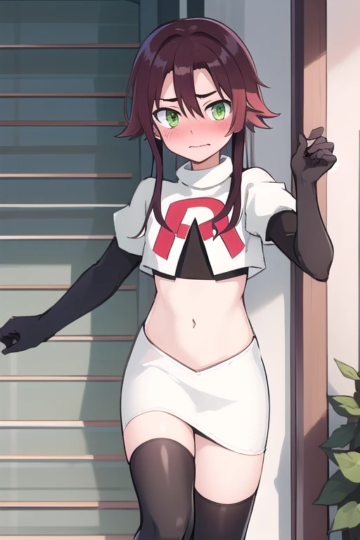 masterpiece, absurdres, Shikanoin Heizou, green eyes,male focus, trap, crossdressing,1boy,team rocket,team rocket uniform,white skirt,red letter R,crop top,black thigh-highs,black elbow gloves, embarrassed, blush