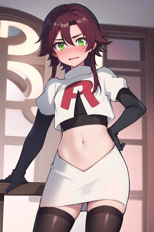 masterpiece, absurdres, Shikanoin Heizou, green eyes,male focus, trap, crossdressing,1boy,team rocket,team rocket uniform,white skirt,red letter R,crop top,black thigh-highs,black elbow gloves, embarrassed, blush