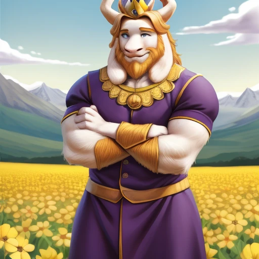 asgore, plump, bara, (pose:1.3), (posing:1.3), (soft shading), 4k, hi res, five fingers, detailed hands, ((detailed face, (detailed eyes:1.0), detailed)), (full body), by zackarry911, by zaush, (by personalami:0.5), standing, full body, male focus, no humans, crown, flower field, flower, smile, crossed arms, massive bulge