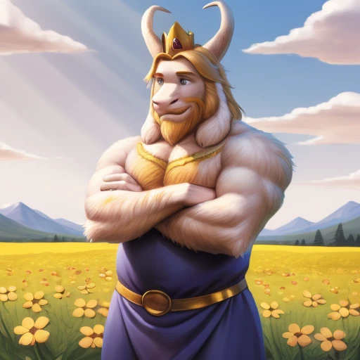 asgore, plump, bara, (pose:1.3), (posing:1.3), (soft shading), 4k, hi res, five fingers, detailed hands, ((detailed face, (detailed eyes:1.0), detailed)), (full body), by zackarry911, by zaush, (by personalami:0.5), standing, full body, male focus, no humans, crown, flower field, flower, smile, crossed arms, massive bulge