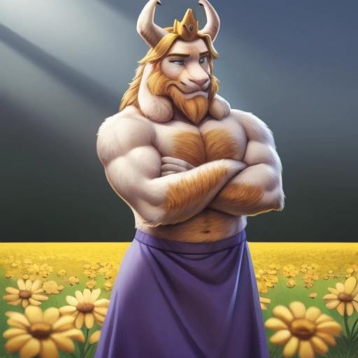 asgore, plump, bara, (pose:1.3), (posing:1.3), (soft shading), 4k, hi res, five fingers, detailed hands, ((detailed face, (detailed eyes:1.0), detailed)), (full body), by zackarry911, by zaush, (by personalami:0.5), standing, full body, male focus, no humans, crown, flower field, flower, smile, crossed arms, massive bulge