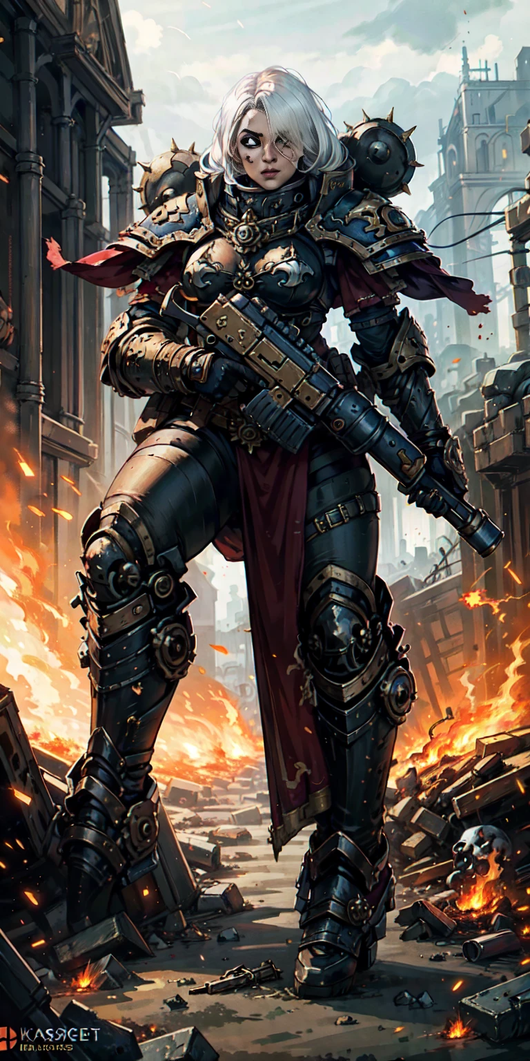 (masterpiece:1.2), (best quality:1.2), perfect eyes, perfect face, perfect lighting, 1girl, mature whore Sororitas with bolter gun in hands, scar over one eye, eyepatch, white hair, skulls on the ground, warhammer 40k, chaos, fire, scifi, detailed battlefield background