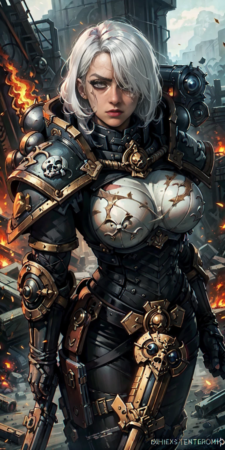 (masterpiece:1.2), (best quality:1.2), perfect eyes, perfect face, perfect lighting, 1girl, mature whore Sororitas with bolter gun in hands, scar over one eye, eyepatch, white hair, skulls on the ground, warhammer 40k, chaos, fire, scifi, detailed battlefield background