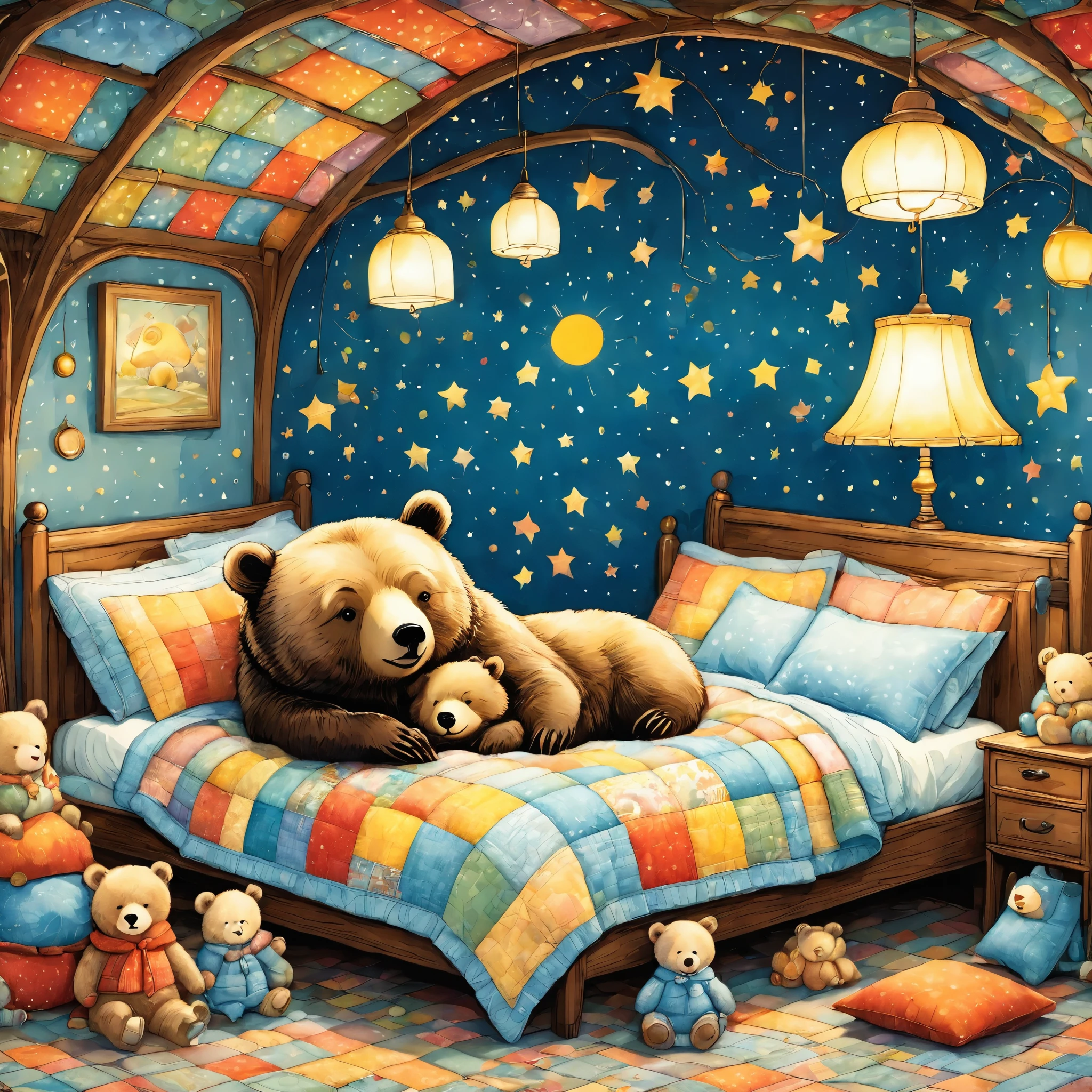 cuteAn illustrationクマの家,bear family:animal:hibernating:cute:Nestle:Sleep:comfortable and warm:looks happy,An illustration,pop,colorfulに,draw with thick lines,color,dim,Lamp light,hibernatingのbear familyが眠っています:dream happy dreams,The house is warm and full of happiness,,colorful,Fancy,Fantasy,patchwork:quilt,detailed details,fluffy,Randolph Caldecott Style