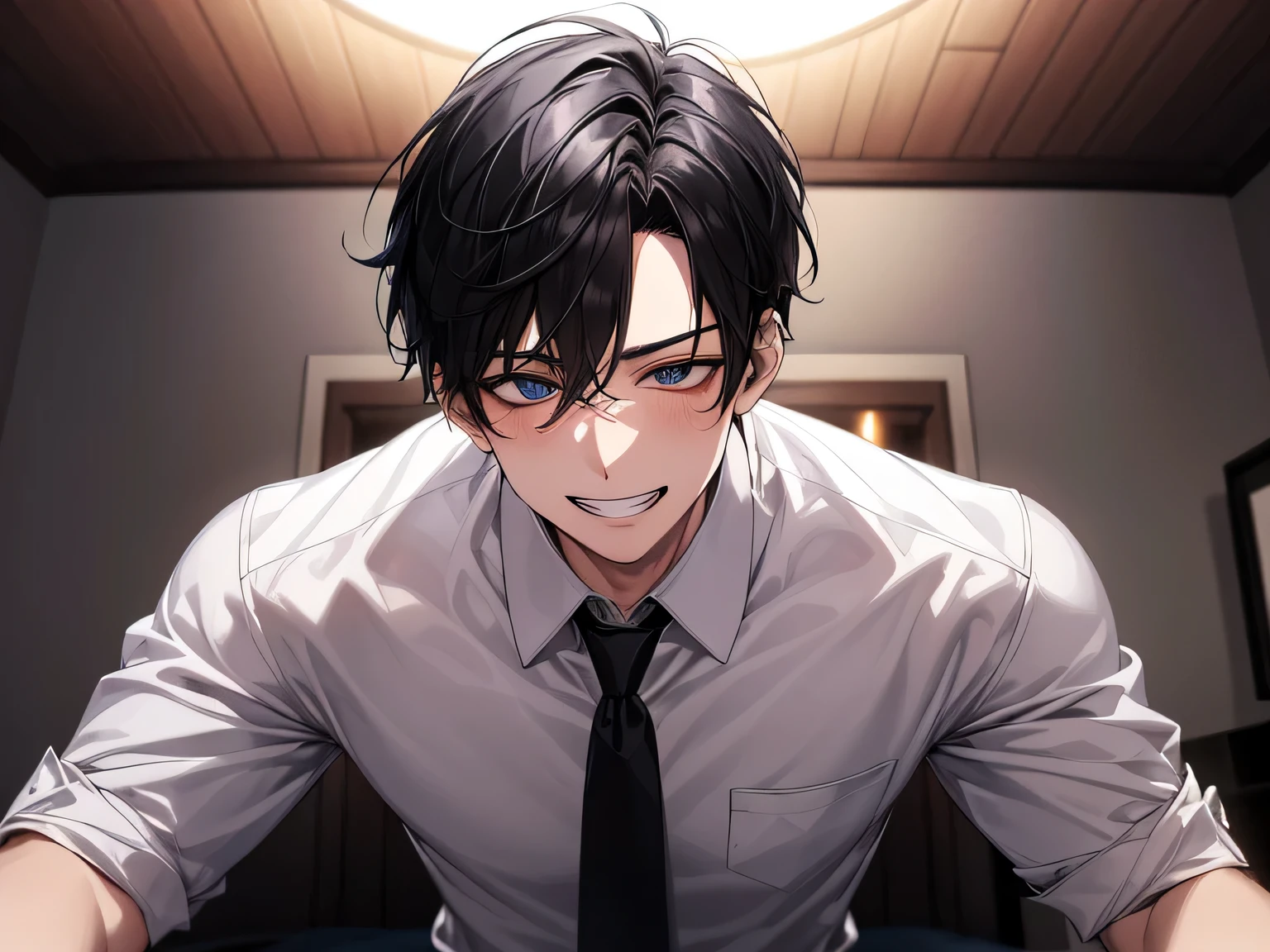 Anime guy with black hair and blue eyes in a room - SeaArt AI