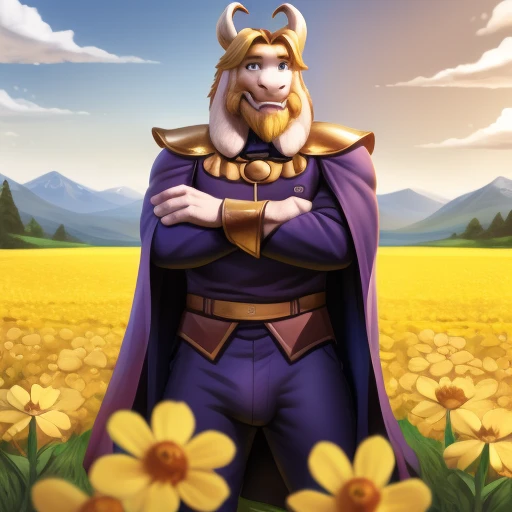 asgore, plump, bara, (pose:1.3), (posing:1.3), (soft shading), 4k, hi res, five fingers, detailed hands, ((detailed face, (detailed eyes:1.0), detailed)), (full body), by zackarry911, by zaush, (by personalami:0.5), standing, full body, male focus, no humans, flower field, flower, smile, crossed arms, only wearing a cape, bulge