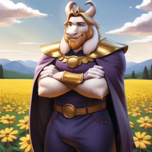 asgore, plump, bara, (pose:1.3), (posing:1.3), (soft shading), 4k, hi res, five fingers, detailed hands, ((detailed face, (detailed eyes:1.0), detailed)), (full body), by zackarry911, by zaush, (by personalami:0.5), standing, full body, male focus, no humans, flower field, flower, smile, crossed arms, only wearing a cape, bulge