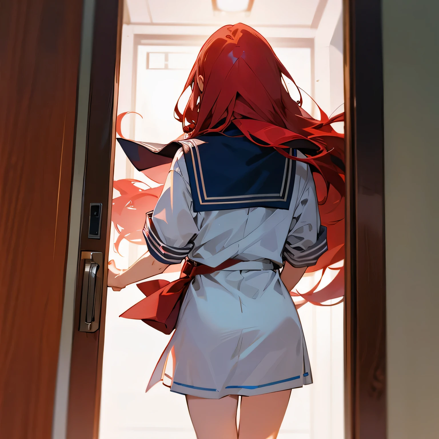 Red long hair girl,Back view of man in sailor suit holding door handle