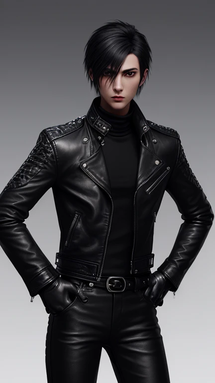 Final Fantasy-style graphics, young, Cute and cool Japanese boys, Thin eyebrows and big eyes, He is wearing a shiny white single-breasted leather jacket..。Biker style leather jacket、 with epaulettes, The jacket is zipped up, The jacket pockets are black., The jacket has a high stand-up collar with a belt, Also wearing a black turtleneck, Black Leather Pants, Thin black leather gloves on both hands, Black leather knee-high lace-up boots, Show me your whole body from head to toe, Final Fantasy Style、((good looking))、((Clear eyes and nose))、((Shiny white single leather jacket))、((The jacket must be white))((The jacket has epaulettes))、((The jacket has a stand-up collar and a belt))、((The jacket has a black pocket))、((Black turtleneck shirt))、((Shiny black leather pants))、((Shiny black leather gloves on both hands))、((Black lace-up leather long boots))、((View a head-to-toe image in the distance))、Realistic image quality and texture、In a small cell、close your eyes、A kind smile、((The jacket is closed with a zipper))、((No exposed skin below the neck))
