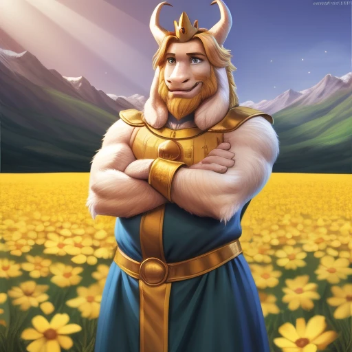 asgore, plump, bara, (pose:1.3), (posing:1.3), (soft shading), 4k, hi res, five fingers, detailed hands, ((detailed face, (detailed eyes:1.0), detailed)), (full body), by zackarry911, by zaush, (by personalami:0.5), standing, full body, male focus, no humans, crown, flower field, flower, smile, crossed arms, massive bulge