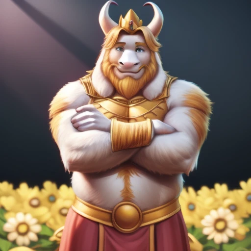 asgore, plump, bara, (pose:1.3), (posing:1.3), (soft shading), 4k, hi res, five fingers, detailed hands, ((detailed face, (detailed eyes:1.0), detailed)), (full body), by zackarry911, by zaush, (by personalami:0.5), standing, full body, male focus, no humans, crown, flower field, flower, smile, crossed arms, massive bulge